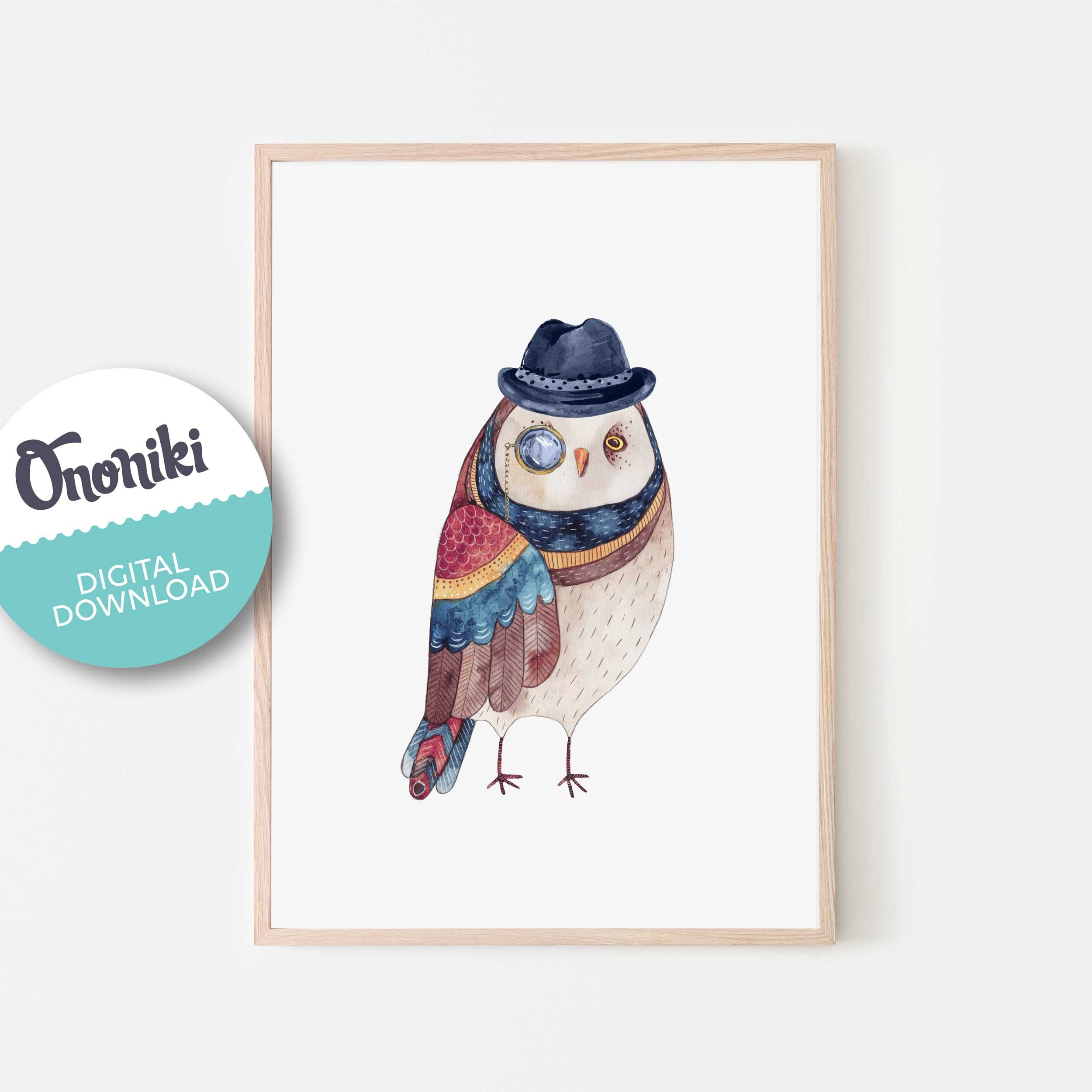Watercolour Owl Bird Painting, Funny Kids Illustration, Animal Drawing, brush, playroom art, gift, k
