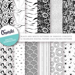 Black and White Seamless Digital Papers, Abstract Geometric Patterns in Various Concepts for creative projects - Set of 12 Digital Downloads
