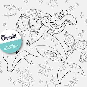 Niedliche Meerjungfrau und Delfin Malvorlage | Druckbare Kunst für Kinder Ocean | A4 und 8 x 10-Zoll-Download
