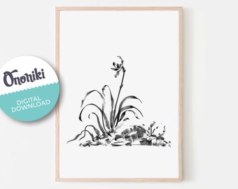 Wild Orchid Flower 02, minimalist, ink drawing, watercolour, brush, printable, wall art, gift, Bw, rustic, farmhouse, hand drawn, download