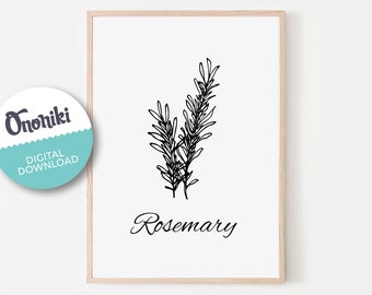 Rosemary, flower, floral, herbs, kitchen art, plant, linear art, linear herbs, Essential Oil, wall art, gift, Bw, rustic, digital download