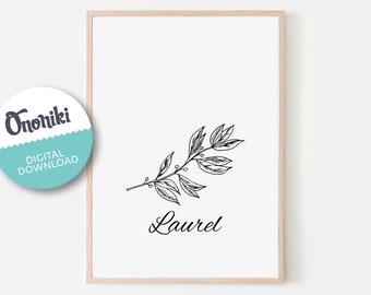 Laurel, bloem, bloemen, kruiden, keukenkunst, plant, lineaire kunst, lineaire kruiden, Etherische Olie, muurkunst, geschenk, rustiek, digitaal te downloaden