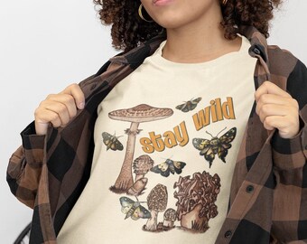 Stay Wild Morel Mushroom Shirt Celestial Moth Shirt Nature Shirt Mycology Shirt Cottagecore Shirt Goblincore Shirt Plant Shirt Insect Shirt