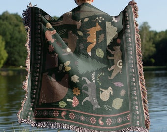 Woodland Animals Woven Blankets Woodland Creatures Norwegian Folk Art Boho Throw Blanket Couch Woven Throw Blanket Woven Tapestry Blanket