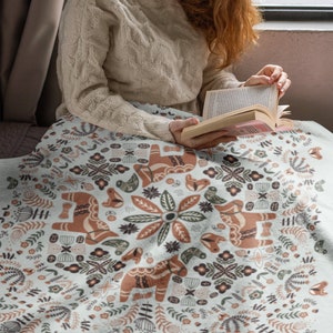 Scandinavian Modern Farmhouse Boho Throw Blanket Scandinavian Fabric Norwegian Folk Art Swedish Folk Art Cozy Throw Blanket Tapestry Blanket image 2