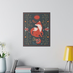 Arte popular noruego Zorro rojo Imagen lienzo Arte de pared Lienzo Naturaleza Cottagecore Decoración Lindo Fox Arte escandinavo Decoración Hygge Regalo Arte sueco