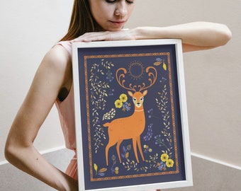 Scandinavian Decor Deer Prints Norwegian Folk Art Reindeer Gift Folklore Wall Art Hygge Gift Folk Art Prints Swedish Art Swedish Wall Art