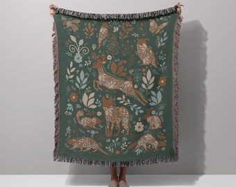 Norwegian Folk Art Woodland Creatures Woven Throw Blanket Scandinavian Blanket Woodland Theme Boho Throw Blanket Tapestry Swedish Folk Art
