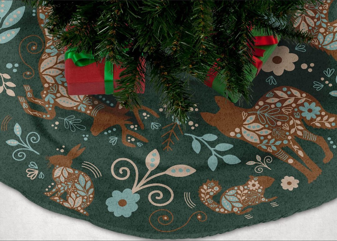 Christmas Tree Skirt Norwegian Folk Art Woodland Animals Polish Folk
