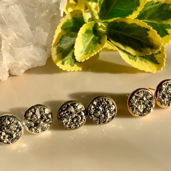 Pyrite Crystal Studs | Pyrite | Pyrite Studs| Crystal Earrings | Crushed Pyrite Studs |The Elements Collection| Pyrite | Pyrite Druzy