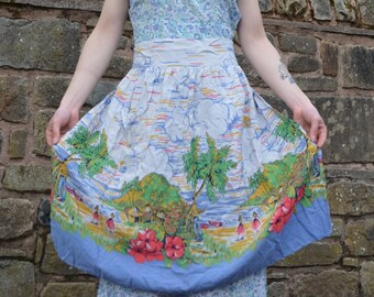 1940s/1950s Hawaiian novelty print skirt apron, vintage souvenir apron, one size, cotton