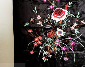 Antique 1920s piano shawl, table runner, embroidered flowers, floral, silk tassels, long scarf, antique shawl, VTG