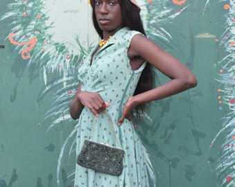 Parisian 1970s does 1940s green print dress, Art Deco style dress