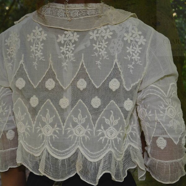 Edwardian lace jacket, bolero, embroidered flowers, wirework, vintage wedding jacket