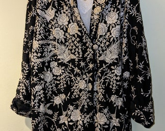 1920s Chinese Embroidered Duster Coat Jacket, Birds and Foliage on Silk