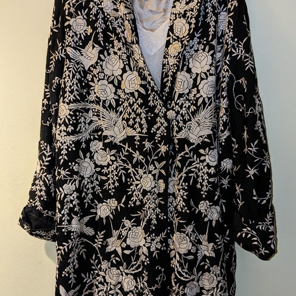 1920s Chinese Embroidered Duster Coat Jacket, Birds and Foliage on Silk