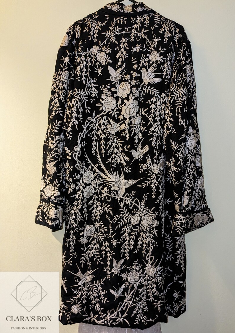 Vintage Chinese Hand Embroidered Silk Black Duster Maxi Coat XXS/6