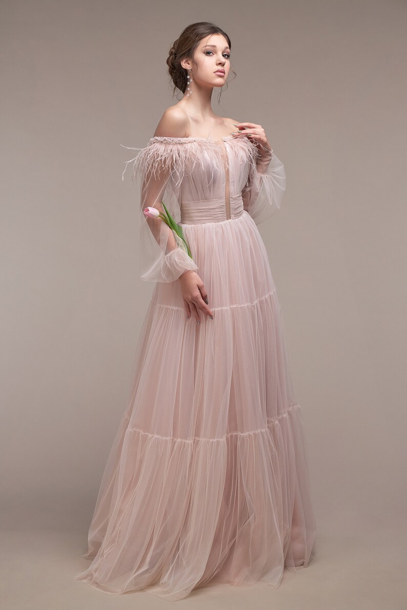 evening dress feathers