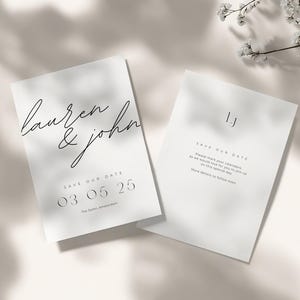 Plantilla minimalista para guardar la fecha de 5 x 7 pulgadas | Anuncio de boda elegante y atemporal | Diseño Canva [007]
