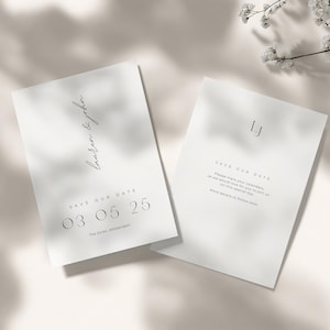 Plantilla minimalista para guardar la fecha de 5 x 7 pulgadas | Anuncio de boda elegante y atemporal | Diseño Canva [004]