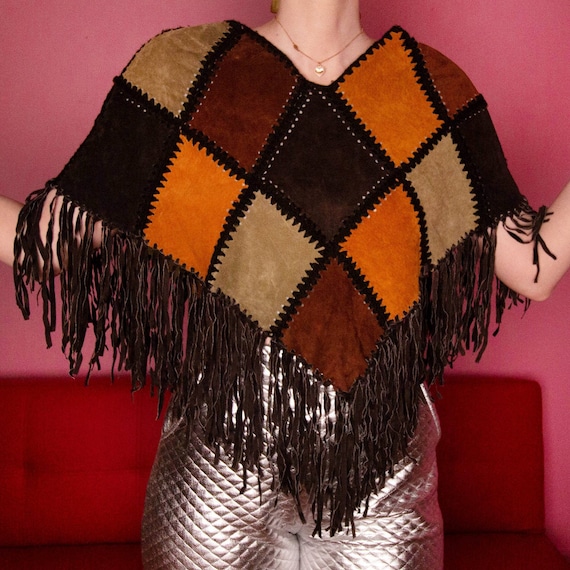 Leather patchwork poncho with fringe
