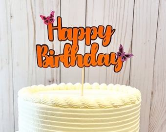 Happy Birthday Cake Topper, Birthday Cake Topper, Butterfly Cake Topper, Colorful Cake Topper, Bright Cake Topper, Orange Cake Topper