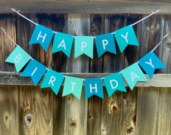 Happy Birthday Banner, Blue Birthday Banner, Shades of Blue Banner, Personalized Banner, Customized Birthday Banner, Birthday Party Decor