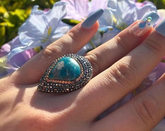 Sterling Silber Türkis Ring - Hämatit Kristall Boho Statement Schmuck