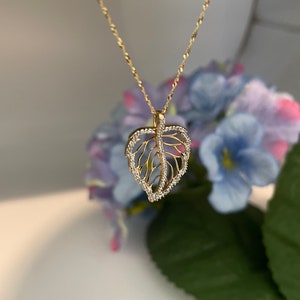 Gold Leaf Necklace Pendant  with Natural Diamonds Gold Necklace Diamond Pendant