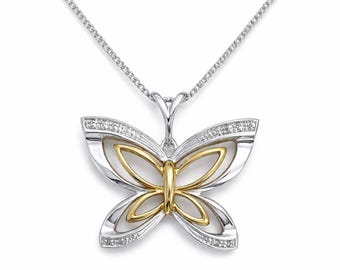 9ct Two-Tone Gold Butterfly Pendant: Natural Diamond Accent
