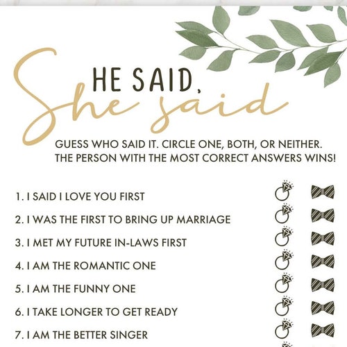 Bridal Shower Game. He Said She Said. Greenery. Hen Party - Etsy