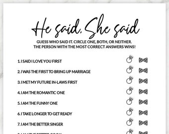 Bridal shower game. He Said, She Said. He said She Bridal Shower. Editable. Hen Party Games.