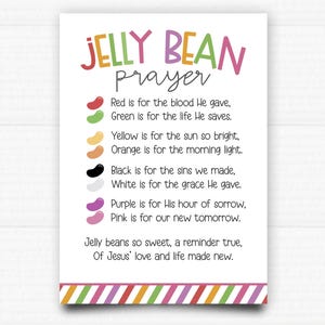 May include: A printable card with a colourful jelly bean prayer. The card features a colourful jelly bean for each line of the prayer, which is written in black text. The prayer is about Jesus' love and life made new. The card also includes the text "JELLY BEAN PRAYER" and "PUNTO BOX".