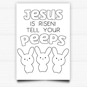 Puede incluir: Página para colorear imprimible en blanco y negro con el texto "¡Jesús ha resucitado! Dilo a tus amigos" y tres conejos.