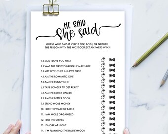 Bridal shower game. He Said, She Said. Instant download. Printable. Simple design.Hen Party. Bachelorette Games.