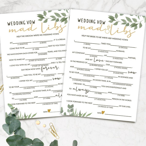 Bridal shower games. Wedding Vow Mad Libs. Bride and Groom Set. Greenery. Fun Hen Party games.