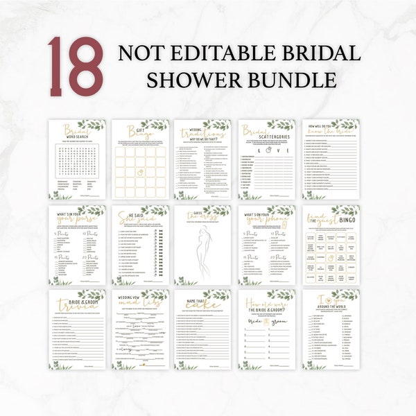 Bridal shower Games Bundle. 18 Games. Instant Download. Printable. Hen party, Bachelorette games. Greenery.