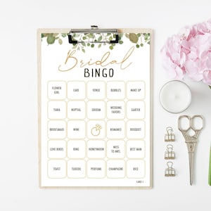 Bridal shower game. Bridal Hen Party Bingo, 50 cards, calling card included. Eucalyptus. Bachelorette