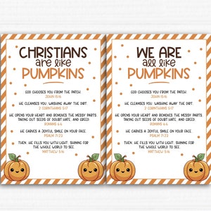 Puede incluir: Dos impresiones rectangulares con bordes naranjas. El texto dice "Christians are like Pumpkins" y "We are all like Pumpkins". Cada impresión presenta una ilustración de calabaza sonriente y versículos bíblicos.