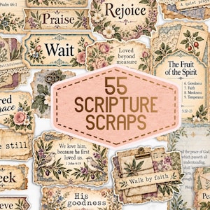 Puede incluir: Una colección de 55 recortes de papel de estilo vintage con escrituras religiosas, ilustraciones florales, linternas y libros. Cada pieza incluye bordes decorativos, texturas de papel envejecido y textos inspiradores como Pray, Rejoice y Wait.