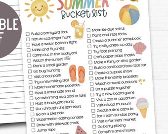 Summer Bucket List Printable for Kids – Editable & Pre-Filled Versions – Fun Family Activities Checklist – Instant Download PDF