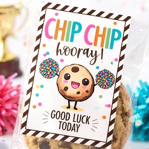 Puede incluir: Una galleta grande con chispas de chocolate en una bolsa transparente con una etiqueta decorativa. La etiqueta dice "CHIP CHIP hooray!" con un personaje de galleta de dibujos animados y "GOOD LUCK TODAY". Confeti colorido y pompones en el fondo.