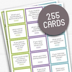 255 gesprekskaarten. Afdrukbare gespreksstarterskaarten. Gespreksstarter voor gezinnen. Ijsbreker spel. Direct downloaden.