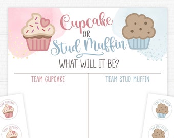 Printable Cupcake or Stud Muffin Gender Reveal. Old Wives Tales Bonus. Digital download.