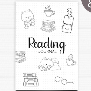 Puede incluir: Un diario blanco con un fondo punteado e ilustraciones en línea negra de gatos, libros, tazas de café y gafas. Las palabras "Reading Journal" están escritas en una fuente de escritura. Disponible en tamaños A4 y A5.