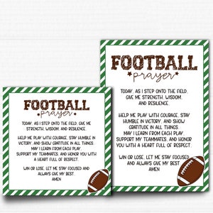 Puede incluir: Dos tarjetas rayadas verdes y blancas con un gráfico de fútbol marrón y el texto "FOOTBALL *prayer*" en cada tarjeta. El texto en las tarjetas es una oración para un jugador de fútbol.