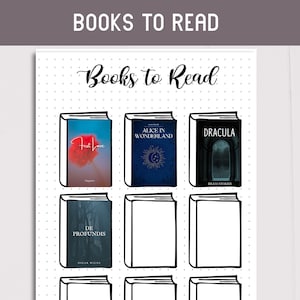 Puede incluir: Una impresión blanca con puntos con el texto "BOOKS TO READ" en la parte superior y "Books to Read" en cursiva. La impresión presenta ilustraciones de libros delineadas con los títulos: "First Love", "Alice in Wonderland", "Dracula" y "De Profundis".