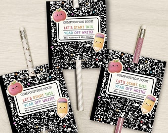 May include: Three composition notebook-themed pencil toppers with a black and white design. Each topper features a pink apple with a smiling face and the text "Composition Book Let's Start This Year Off Write!" with the teacher's names below.