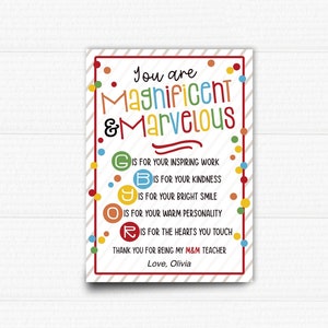 Teacher Appreciation Favor Tag. You are Marvelous and Magnificent. Candy Poem. Instant Download.
