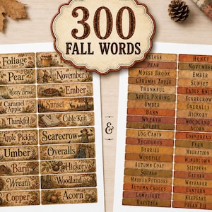 Puede incluir: Dos hojas de etiquetas imprimibles con el texto 300 FALL WORDS. Cada etiqueta contiene palabras relacionadas con el otoño como Foliage, Pear y November, acompañadas de ilustraciones rústicas de ardillas, calabazas y escenas boscosas.